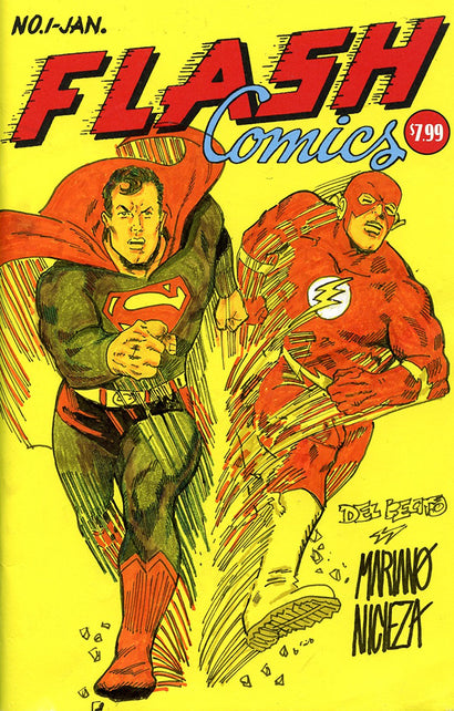 DF DC COMICS COMMISSIONED COVER ART SIGNED AND REMARKED BY MARIANO NICIEZA AND JOE DELBEATO WITH A SUPERMAN FLASH RACE HOMAGE SKETCH