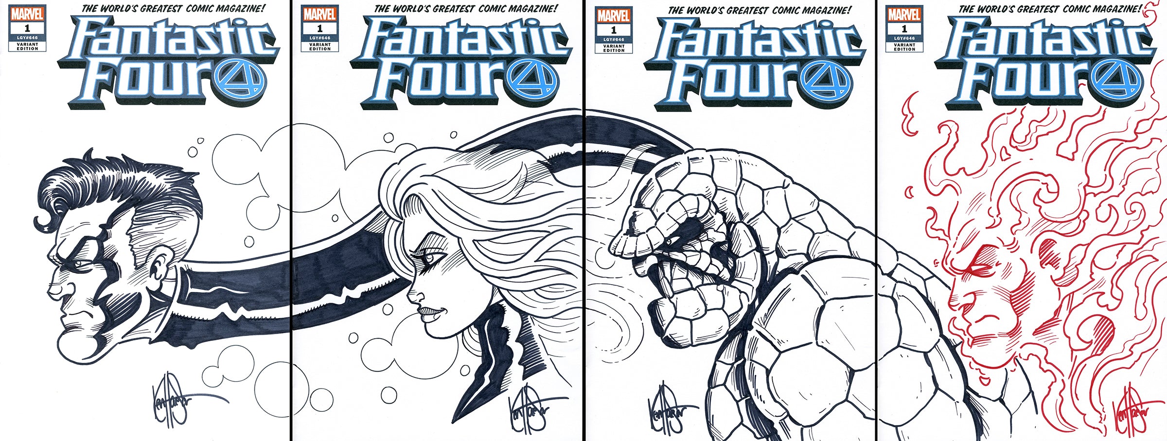 DF FANTASTIC FOUR #1 FOUR PIECE BLANK VARIANT SET SIGNED AND REMARKED BY KEN HAESER WITH CONNECTING TEAM SKETCHES