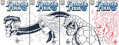 DF FANTASTIC FOUR #1 FOUR PIECE BLANK VARIANT SET SIGNED AND REMARKED BY KEN HAESER WITH CONNECTING TEAM SKETCHES