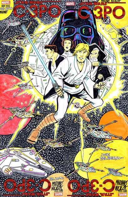 DF MARVEL COMICS COMMISSIONED COVER ART FOUR PIECE BLANK VARIANT CONNECTING SET  SIGNED AND REMARKED BY MARIANO NICIEZA AND JOE DELBEATO WITH A CLASSIC STAR WARS #1 HOMAGE SKETCH