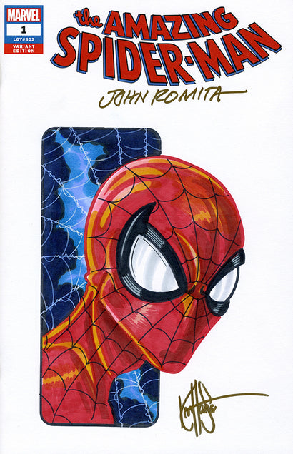 DF AMAZING SPIDERMAN #1 BLANK VARIANT SIGNED BY JOHN ROMITA SR AND REMARKED BY KEN HAESER WITH A SPIDERMAN SKETCH