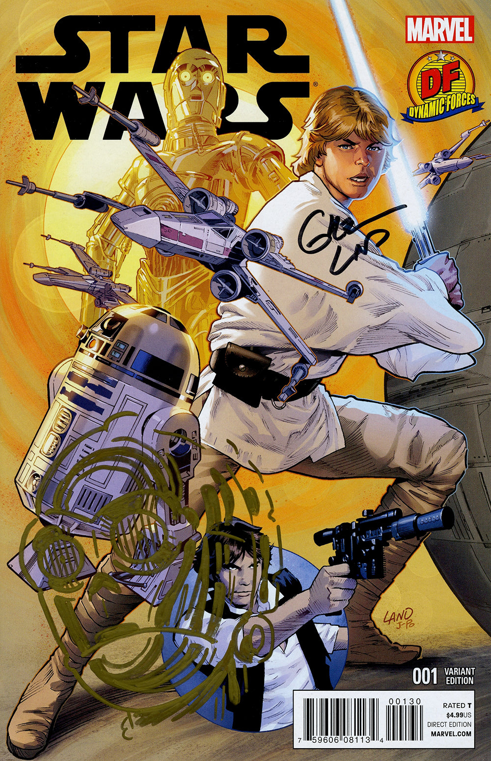 DF STAR WARS #1 DF VARIANT SIGNED BY GREG LAND AND REMARKED BY KEN HAESER WITH A GOLDEN C3PO HEAD SKETCH