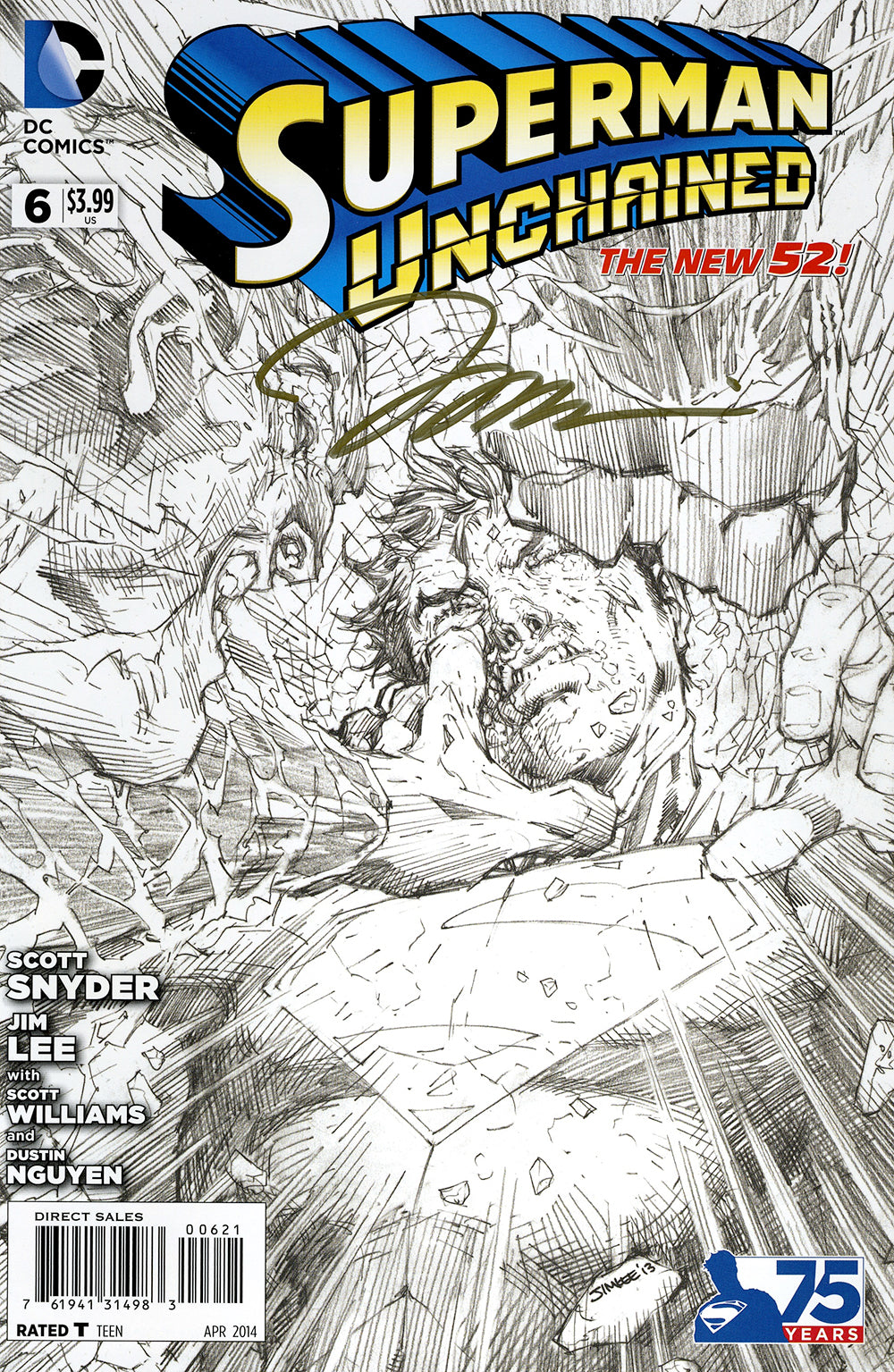 DF SUPERMAN UNCHAINED #6 ULTRA-RARE BLACK AND WHITE VARIANT ELITE GOLD SIGNATURE SERIES SIGNED BY JIM LEE