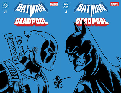 DF DC MARVEL BATMAN DEADPOOL #1 BLUE BLANK VARIANT TWO COVER SET SIGNED AND REMARKED BY KEN HAESER WITH DEADPOOL VS BATMAN SKETCH