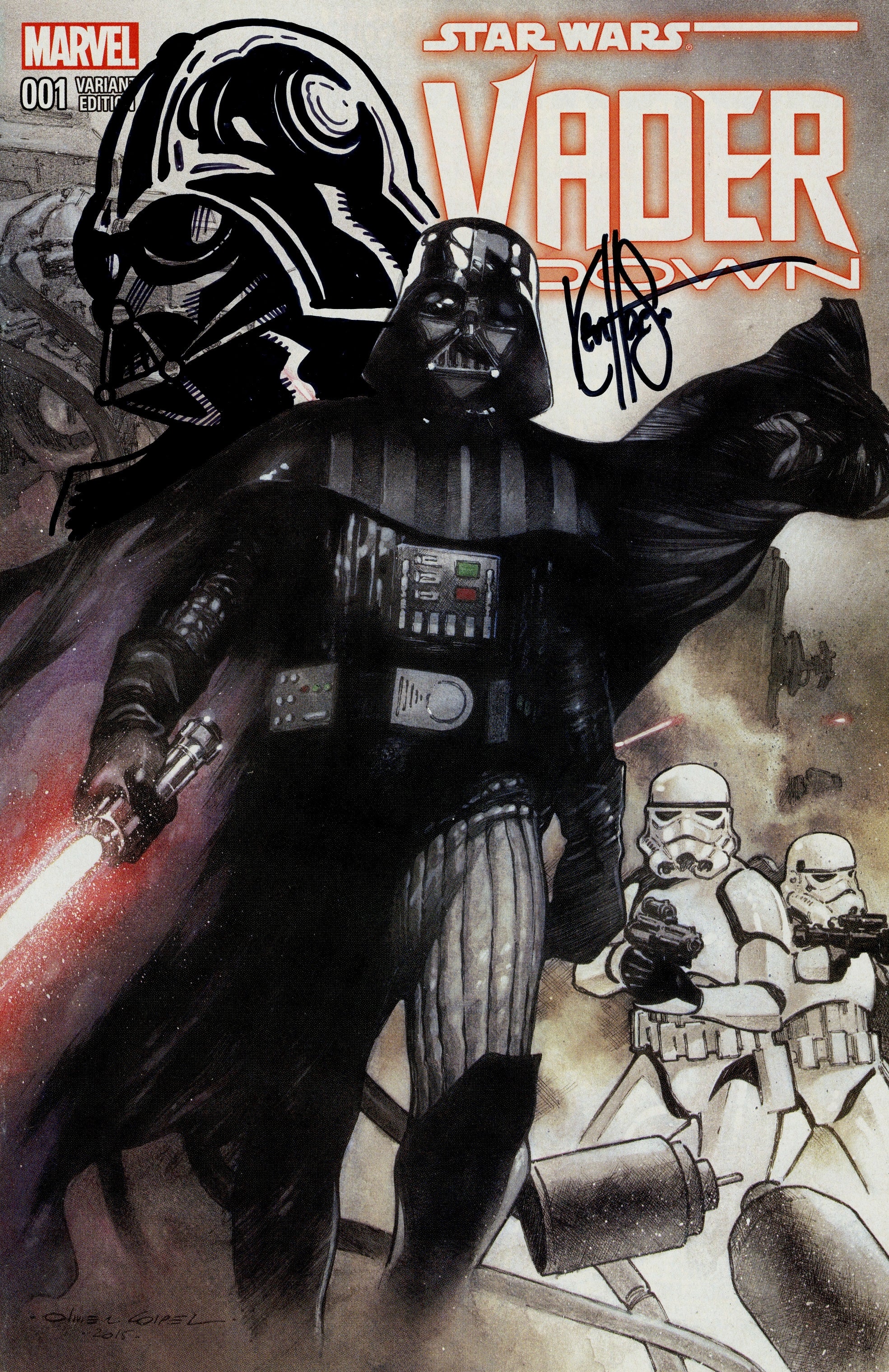 DF STAR WARS VADER DOWN #1 DF EXCLUSIVE SIGNED AND REMARKED BY KEN HAESER WITH DARTH VADER HEAD SKETCH