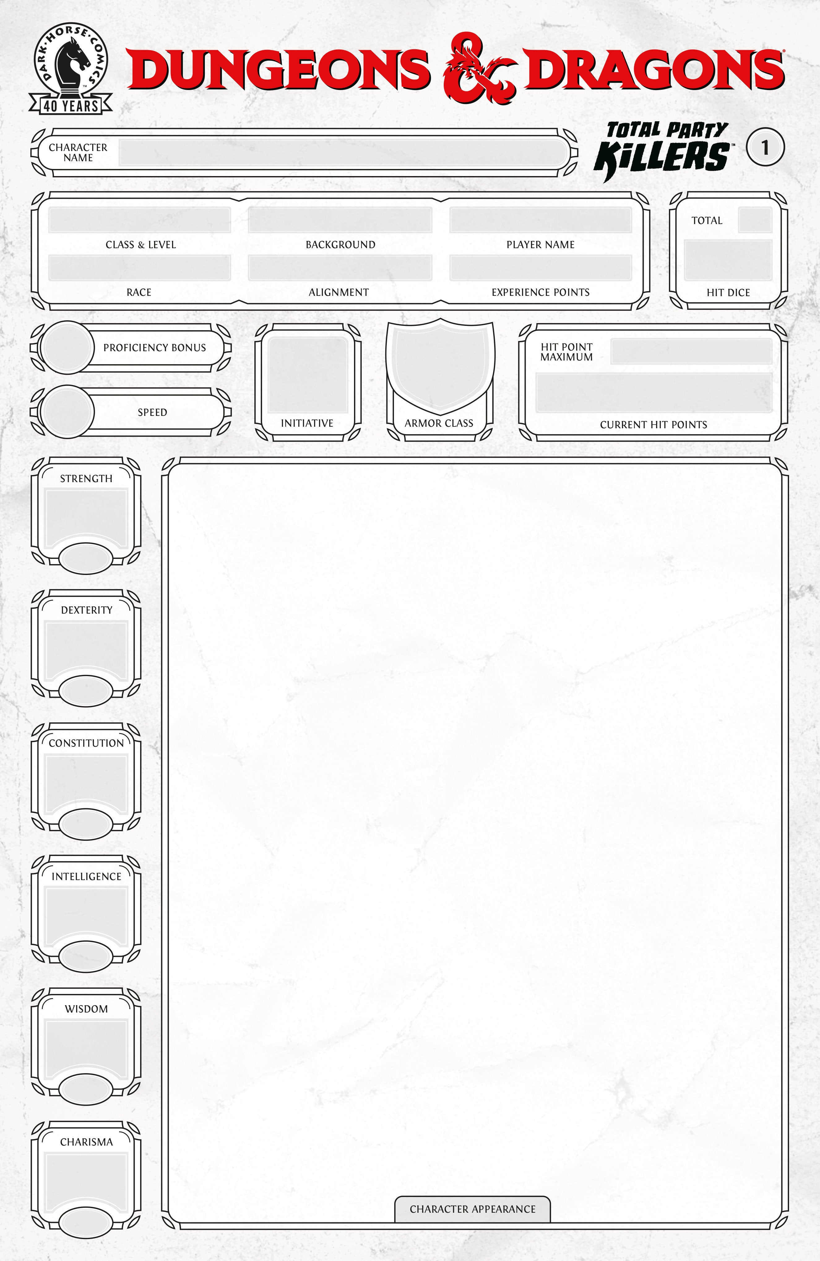 DUNGEONS & DRAGONS: TOTAL PARTY KILLERS #1 COVER E BLANK COVER-CHARACTER SHEET